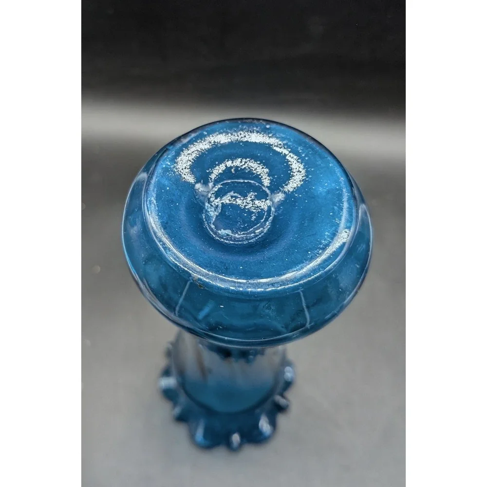 Vintage Blue Hand Blown Glass Ruffled Rim Vase Hand Painted Floral Gold Accents